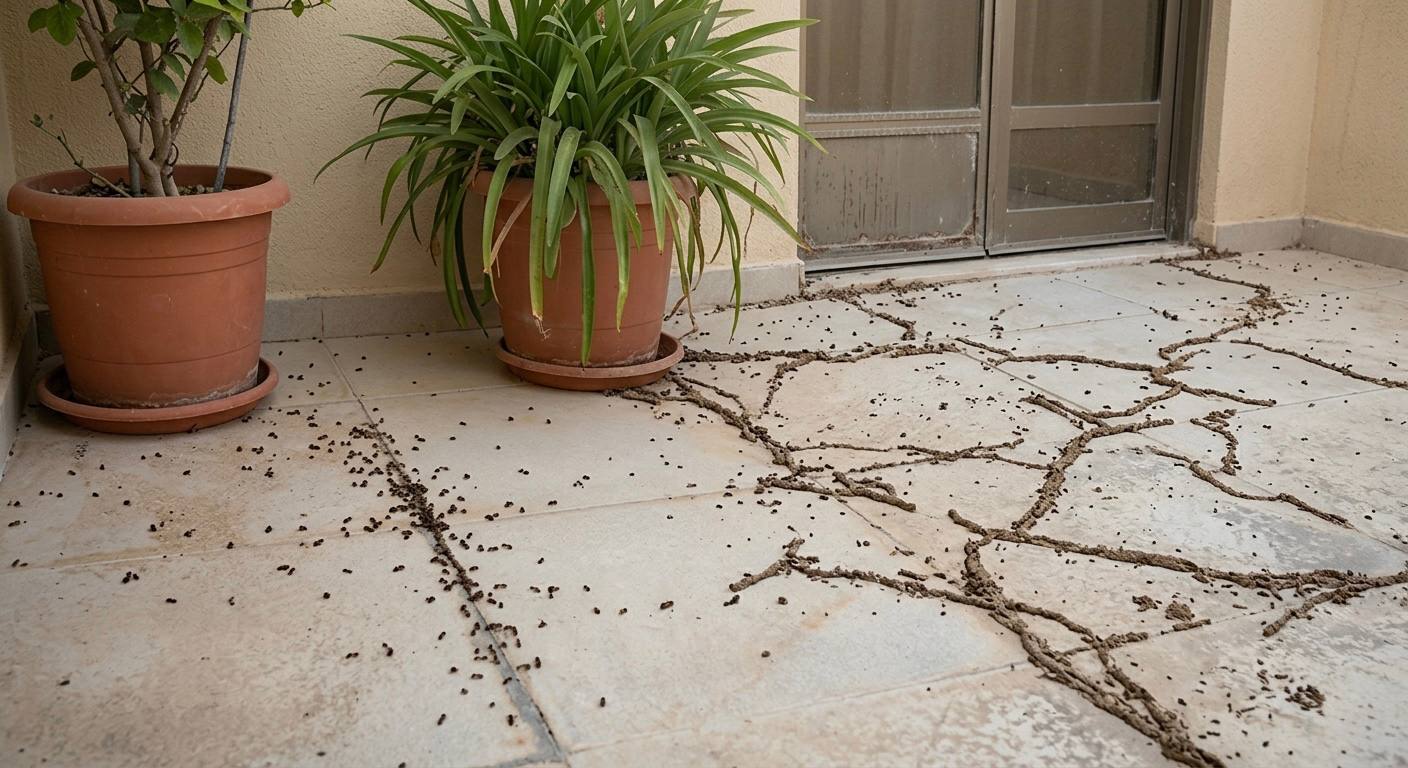 إصابة نمل شديدة على البلاط قبل المعالجة